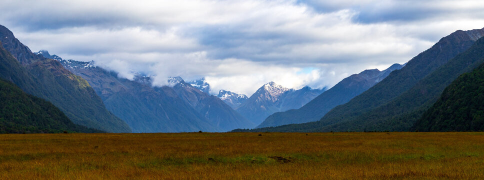 Eglinton Valley with Mountains and Meadow, Fiordland National Park, New Zealand
