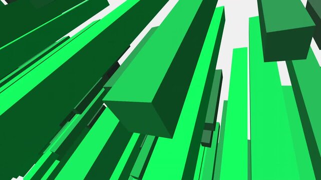 3D animation of green data blocks arranged in a phyllotaxis spiral expanding outward. Seamless loop of organic growth visualization for finance and economic concepts.