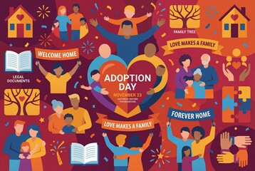 Heartwarming Adoption Day celebration with diverse families embracing love and unity.