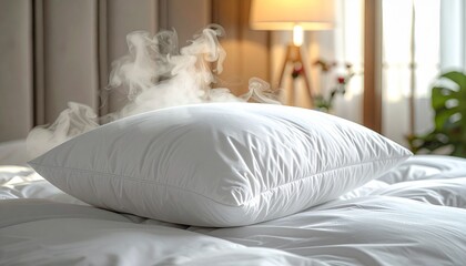 White Square Pillow Releasing Steam on Bed with Beige Headboard in Soft Morning Light Home Comfort Interior in Vertical