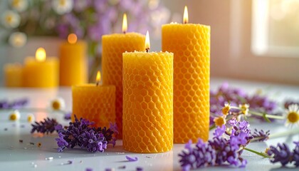 Warm Light from Honeycomb Candles on White Table with Lavender and Daisies in Soft Focus Background