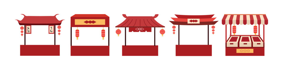 Collection of Traditional Chinese Market Stalls and Festival Booths. Chinese food stall. Chinese new year food festive.