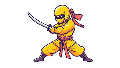 Naklejka premium Yellow Ninja Warrior with Sword in Ready Stance.