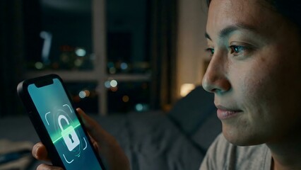 Secured Phone at Night: A woman intently views her secure smartphone screen illuminated in a dark room, symbolising digital safety and privacy.