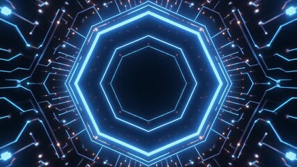 Glowing blue hexagon at center of symmetrical circuit design—mirrored digital patterns on dark background. - Powered by Adobe