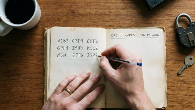 Deciphering Backup: Intricate handwritten codes in an aged notebook evoke a sense of secrecy and intellectual exploration, alongside a cup of coffee.