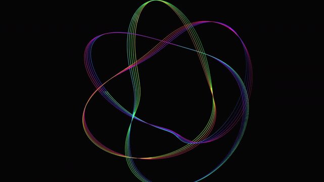 Abstract 3D torus knot loop with iridescent particle flow. Seamless 4K holographic geometry animation illustrating mathematical topology and sacred geometry for tech and science backgrounds.