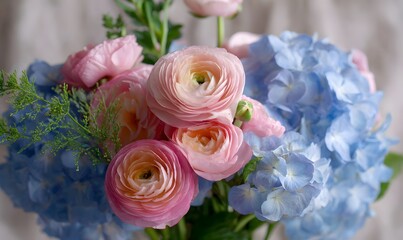 pink ranunculus and blue hydrangea