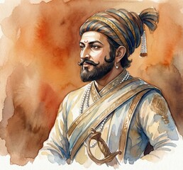 Shivaji Maharaj Jayanti portrait watercolor illustration.
