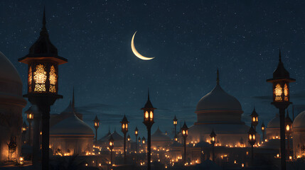 The warm orange light from numerous antique lamps illuminated the area. A crescent moon shone brightly, and the dark sky was filled with twinkling stars. The atmosphere was magical and tranquil.