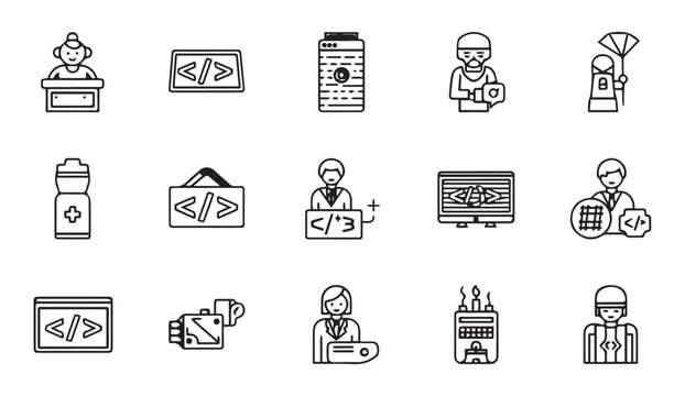 Set of modern line icons for coding, development, and technology concepts.