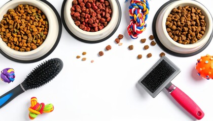 Dog Food Bowls With Toys And Grooming Brushes Isolated On White Background