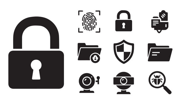Black and white vector icons depicting various cybersecurity and data protection concepts.