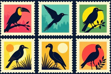 Obraz premium Tropical Birds Vintage Stamp Set: Parrots, Flamingos Illustration 