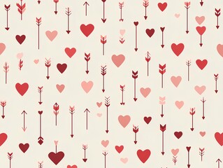 Minimal repeating pattern of hearts and cupid arrows in red and pink tones on a warm beige background, ideal for wrapping paper, textiles, and wallpapers.