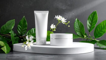 White Skincare Products With Green Leaves And White Flowers On A Pedestal