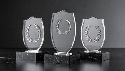 Three Clear Shield Trophies With Laurel Wreaths On Black Marble Bases Studio Lighting