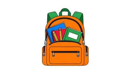 Orange school backpack with green straps and school supplies