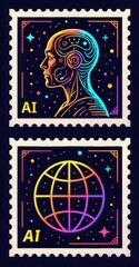 Obraz premium Digital Minds AI Robots Technology Stamps Set