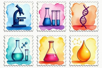 Chemistry Postage Stamp Set Microscope, Lab Beakers, DNA Icons