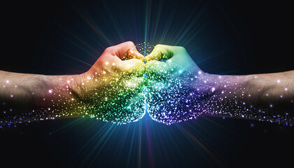 Rainbow Light Radiating from Glowing Handshake - Pride and Unity