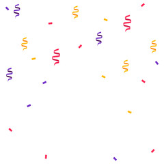 Colorful falling confetti and curly streamers in rainbow hues for party overlays, Colorful confetti and streamers falling on transparent background