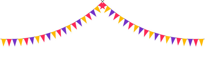 Colorful Party Bunting Flags Garland on Transparent Background, Triangular Pennant Banner for Party Decoration, Festive Paper Garland with Multicolor Flags.