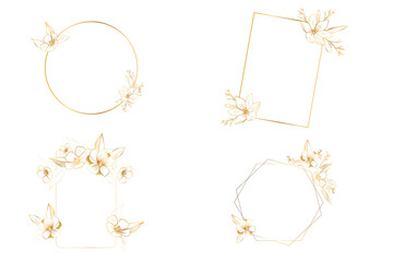 Luxury Golden Floral Frames Collection on Transparent Background, Elegant Gold Line Art Floral Geometric Frames Set, Minimal Gold Botanical Wedding Frame Bundle.