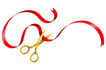 Grand Openingb Ceremony Ribbon Cutting with Gold Scissors,  Business Launch and Opening Event Ribbon Cutting Concept.