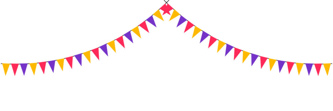 Colorful Party Bunting Flags Garland on Transparent Background, Triangular Pennant Banner for Party Decoration, Festive Paper Garland with Multicolor Flags.