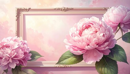 Elegant Pink Peonies With Ornate Frame Soft Pastel Background Romantic Floral Arrangement Delicate Blossoms
