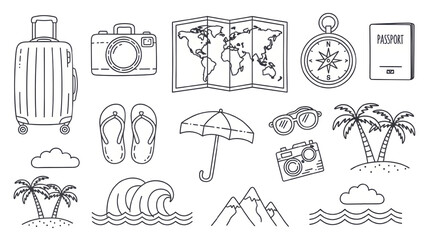 Travel icons set in minimalist style with black line art on white background for web design