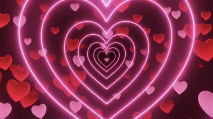 Concentric neon pink heart outlines forming tunnel effect—scattered red and pink hearts on dark background.