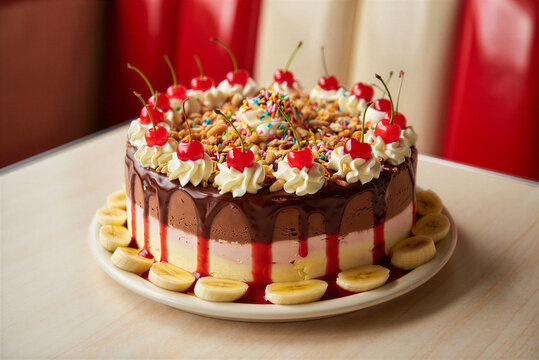 Delicious multilayered banana split ice cream cake adorned with fresh cherries whipped cream chocolate syrup sprinkles and chopped nuts on a light wooden table inside a vibrant restaurant setting