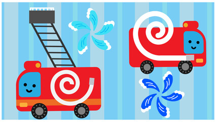 はしご車と放水する消防車のかわいい防災イラスト