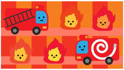 火事の現場に出動する消防車と炎のかわいい防災イラスト © ribitts