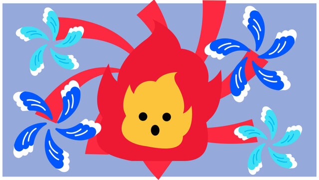 水で消される炎のかわいい防災キャラクターイラスト