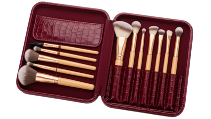 A set of 10 makeup brushes isolated on transparent background in a burgundy case
