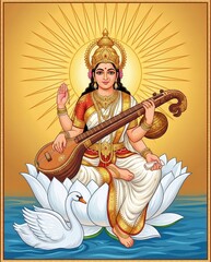 Illustration of Goddess Saraswati for Vasant Panchami.