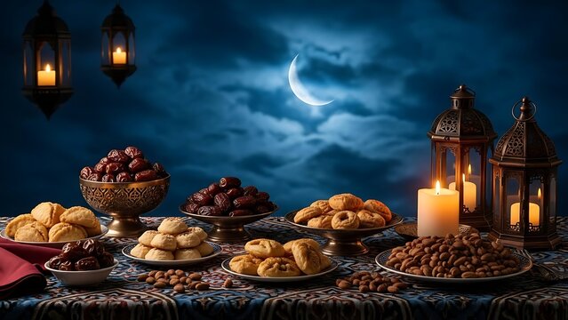 A ramadan iftar spread under a moonlit night