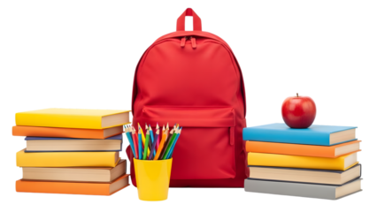 Red School Backpack with Books and Stationery for Education Concept, Student Learning, Academic Growth and Back to School Marketing Design