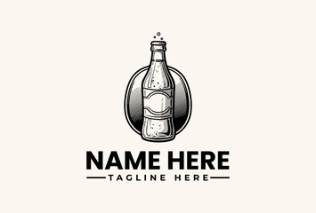 Obraz premium Black and white illustration of a soda bottle logo with placeholder text on a clean background, featuring a vector icon design.