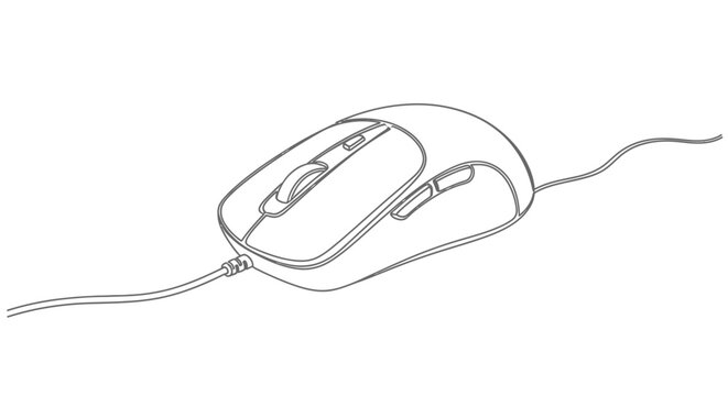 Detailed black and white line art illustration of a classic wired computer mouse with a scroll wheel and buttons on a white background