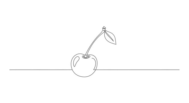 Simple minimalist line drawing of a single cherry with a stem and leaf isolated on a white background with a horizontal line