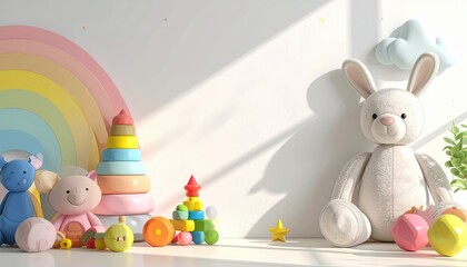 Bright Playroom Scene Featuring Rainbow Toy Arch Stackable Rings Colorful Blocks Bunny Rabbit and Animal Plush Toys