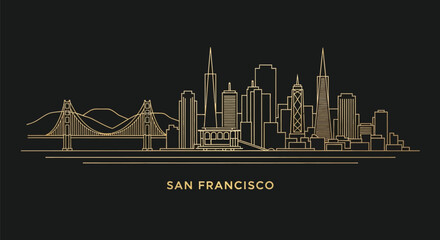 Minimalist gold line illustration of San Francisco city skyline with iconic bridge against black background.
