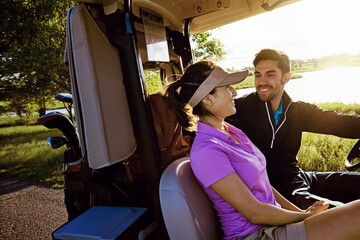 Happy woman, man and talk in golf cart at course, date and bonding with conversation in summer....