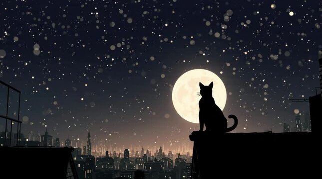 A black cat sits on a rooftop overlooking a city skyline at night with a full moon and stars