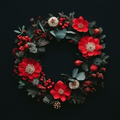 Vibrant Christmas Wreath with Red Flowers and Berries on Black Background