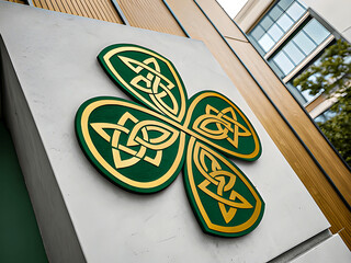 Golden Celtic Four-Leaf Clover Knotwork Sign on Modern Building Facade